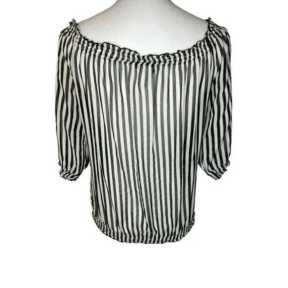 WHBM Women’s Small Black & Cream Semi-Sheer Striped Banded Bottom Top - Picture 3 of 6